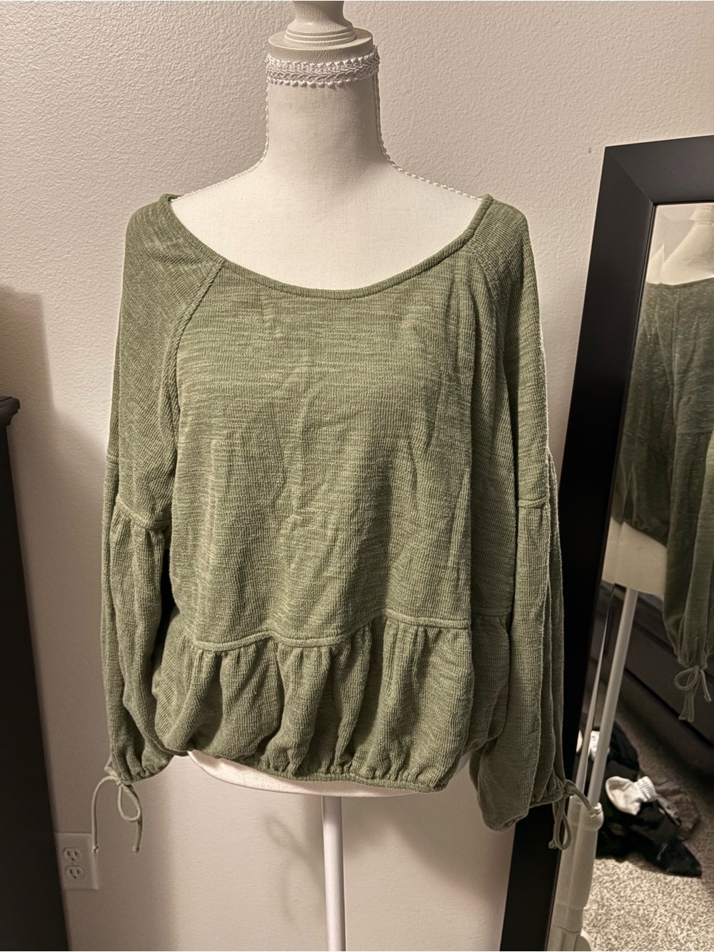 aerie Olive Green Ruffle Hem Long Sleeve Sweatshirt